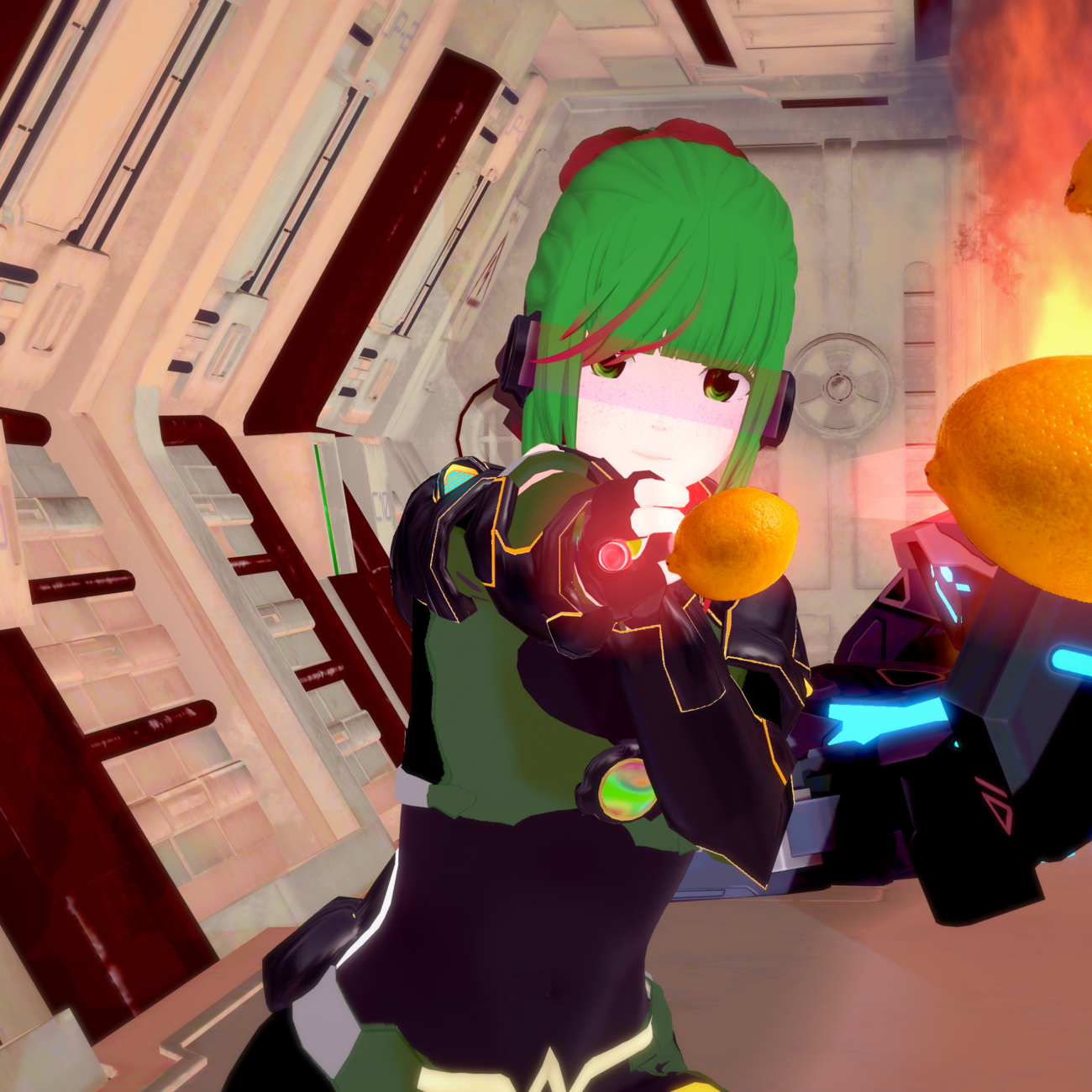 - 2021 - Pretty bad Megaman mockup, readability issues, almost no work put into the scene itself.
Replaced the projects she was shooting with lemons to reference Megaman.